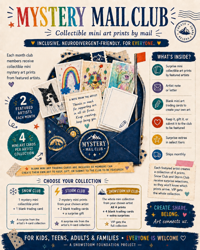 Mystery Mail Club — collectible mini art prints by mail. Inclusive, neurodivergent-friendly, for everyone. For kids, teens, adults & families.